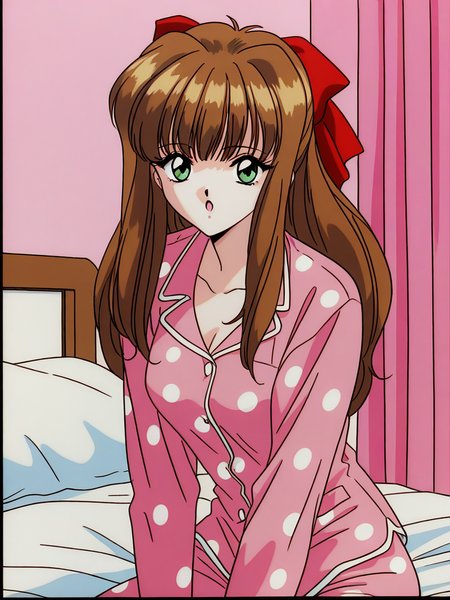 general,highres, ultra-detailed,very aesthetic,best quality ,best hands,  BREAK <lora:Imouto_SG_IS:1> Imouto_SG, brown hair, long hair, hair bow, green eyes, red bow, bangs, breasts,
1girl, solo,  open mouth, pink pajamas, 
Polka dot pattern, :o, 1990s (style), looking at viewer
smile, cowboy_Shot,
bed room, curtain,