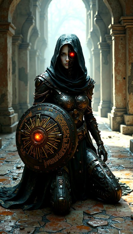 A cybernetic mystic, her face split between robotic and human features,  in an ancient, shadowed corridor. She has a glowing red eye, her hooded cloak adorned with golden circuitry patterns. Her armor, a blend of metal and glowing runes, suggests a perfect fusion of magic and technology. The digital artwork is a masterpiece of extreme realism, with perfect illumination, high contrast, and intricate, textured details.

Small pieces of debris scattered across the floor, such as broken tiles, stones, and remnants of past inhabitants.Puddles of water on the uneven floor, reflecting the faint light and adding a sense of dampness.Ornate mosaic patterns on the floor, worn and faded with age but still hinting at past glory. Occasional glimpses of the outside world through cracks or openings, showing distant landscapes or skies.

Defensive Crouch with holographic  Shield











