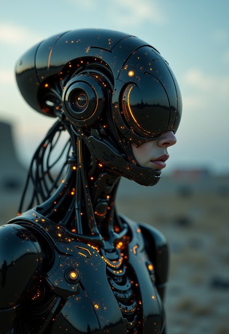 in the style of ck-ncr, A surreal cybernetic insectoid being with an organic human face emerging from the carapace of sleek, segmented metal. Each segment features embedded bioluminescent patterns that pulse rhythmically. The environment is a dystopian wasteland, where the being is constructing a hive of living circuitry that glows eerily in the twilight. The focal point is the beingâs eyes, one fully organic, the other a sharp glowing lens, reflecting both sorrow and resolve.