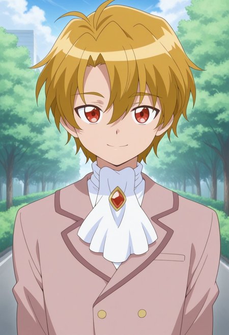 masterpiece,best quality,amazing quality, source_anime, 
Buraito, 1boy, male focus, solo, red eyes, blonde hair, school uniform, ascot, white ascot, brooch, jacket, brown jacket, smile,
outdoor,