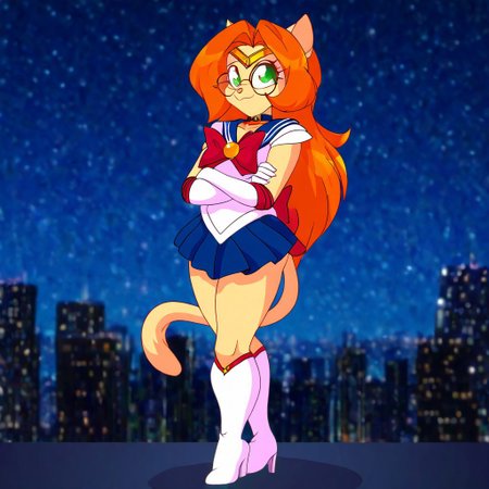 K4tr1n4,1girl,solo,furry,furry female,cat girl,cat ears,orange hair,long hair,green eyes,round eyewear,snout,animal nose,body fur,cat tail, sailormooncosplay, forehead_tiara, back bow, sailor collar, skirt, boots, bow, brooch, choker, elbow gloves, gloves, jewelry, knee boots, white boots, pleated skirt, sailor senshi uniform, skirt, white gloves, outdoors, city, night