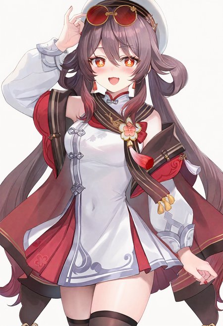 masterpiece, best quality, newest, absurdres, highres, amazing quality, very aesthetic, year 2023, year 2024,
hu tao \(cherries snow-laden\) \(genshin impact\), artist:momoko (momopoco), newest,
1girl, solo, flower-shaped pupils, red skirt, symbol-shaped pupils, long hair, skirt, brown hair, pleated skirt, white shirt, puffy long sleeves, red eyes, sunglasses, tinted eyewear, sleeveless shirt, twintails, white headwear, hat, bare shoulders, red-tinted eyewear, beret, black thighhighs, hair between eyes, unworn eyewear, multicolored hair, gradient hair, off shoulder, medium breasts, nail polish, very long hair, zettai ryouiki, official alternate costume,
open mouth, cleavage, navel, smile, arm up, looking at viewer, :d, collarbone, sparkle, cowboy shot, blush, stomach, standing, sidelocks,
white background, simple background,
<lora:cherries_snow-laden_NoobAI-000005:1>