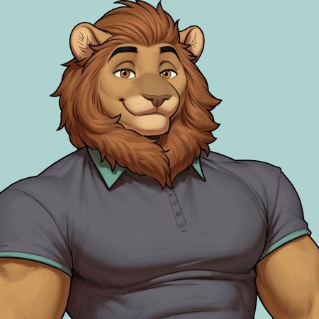 score_9, score_8_up, score_7_up, Expressiveh, masterpiece, best quality, highly detailed, realistic,  1boy, solo, (LuisMH, furry, anthro, lion, brown hair, brown mane, black eyebrows, light-brown eyes, black pupils, tan body, tan fur, muscular male, grey shirt, green collar band, clothed), upper body, close-up, (((blue background, simple background)), smile, looking at viewer, closed mouth