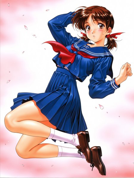 masterpiece,best quality,newest,
1girl,solo,
1990s \(style\),retro artstyle,<lora:adachi_taeko_ilxl_v1.0:1>,a_taeko,brown hair,brown eyes,freckles,hair bow,low twintails,t_clothes,blue serafuku,long_sleeves,blue pleated skirt,white socks,black_loafers,
<lora:Fixhands_anime_bdsqlsz_V1:1>,light_blush,cinematic_angle,looking_at_viewer,jumping,full body,parted lips,sweatdrop,white_background,simple_background,