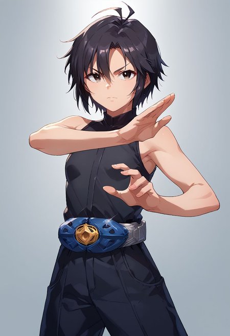 score_9, score_8_up, score_7_up, source_anime,
kkcmkt, short hair, black hair, antenna hair, hair between eyes, black eyes, flat chest,  small breasts, rider belt, henshin pose