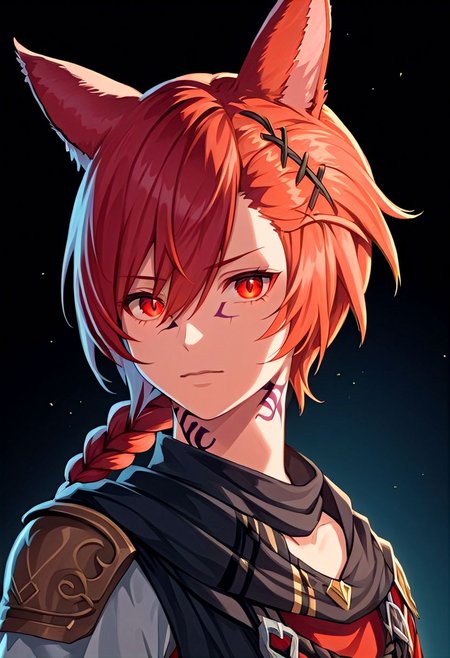 grahatiaffxivdsk, 1boy, male focus, solo, animal ears, red eyes, red hair, tattoo, miqo'te, neck tattoo, cat ears, looking at viewer, hair between eyes, facial mark, hair ornament, x hair ornament, bangs, holding, glowing, slit pupils, braid, short hair, portrait, jewelry, short ponytail, cinematic angle, cinematic lighting, best anatomy, official art, masterpiece, best quality