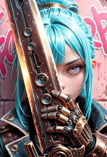 SmoothNoob_Quality,  steampunk. 1girl, pink accent, portrait, graffiti art, neon blue hair, (holding a mechanical wide sword up to face, covering half of face with sword), giant mechanical sword, rust sword, pink graffiti wall background, very close up, <lora:Smooth_SteamPunk:0.5>