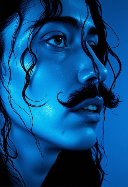 a beautifully crafted portrait illustration of salvador dali (((while salvador dali moustache is in blue light style))) (((moustache in blue light style))) ,only moustache in blue light style featuring intricate details, rich colors, and dynamic lighting that enhances depth and mood