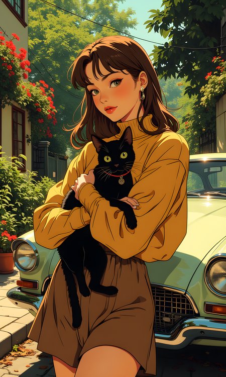 Serene and stylish scene featuring a woman holding a black cat. The woman has long, straight brown hair and is dressed in a mustard yellow turtleneck sweater paired with a brown skirt. Her outfit is complemented by the sleek black cat she is holding, which adds a touch of elegance to the overall composition. 
The background features a lush garden with various plants and flowers, creating a vibrant and natural setting. There is also a classic car parked nearby, adding an element of vintage charm to the scene. The lighting is soft and natural, highlighting the details of the woman's clothing and the textures of the surrounding environment. 
The overall mood of the image is one of tranquility and harmony, capturing a moment of quiet connection between the woman and her pet. The combination of the woman's stylish attire, the black cat, and the beautiful garden creates a visually appealing and memorable photograph. 
BREAK anime, d13s3lp2nk, bboil artist style, OBdonman, <lora:FLUX\Synesthesia:0.2>, <lora:FLUX\RetroAnimeS1.1:0.4>, <lora:FLUX\Flux-jijia:0.1>, <lora:FLUX\It's a LoRA for portraits, BUT! actually specialized in backgrounds. v1.0:0.1>, <lora:FLUX\GLSHS:0.2>, <lora:FLUX\Dieselpunk Delight - s0_9 g4:0.4>, <lora:FLUX\OBdonman, anime0style portrait:0.1>