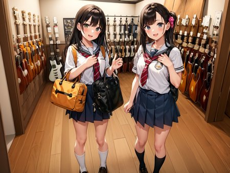 masterpiece, best quality, ultra-detailed, illustration, 
(2girls:1.4), school uniform,  school bag,  smile ,
guitarshop, guitar, instrument, electric guitar, bass guitar, amplifier, speaker, wooden floor, indoors, 
 <lora:guitarshop-000002:1>