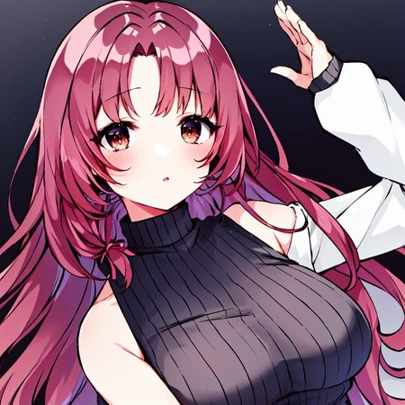 yukimi onechan,solo,1girl,<lora:yukimi onechan:0.8>,long hair, brown hair, brown eyes, lying, on back, sleeveless, clothing cutout, armpits, cleavage cutout, upper body, large breasts, sleeveless sweater, arm up, looking to the side, pink sweater, hand on forehead, :o, bangs, looking away, turtleneck, bare shoulders, parted lips, ribbed sweater