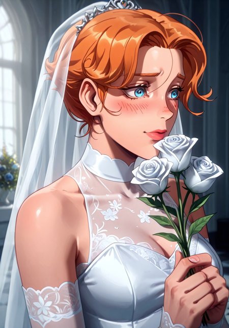 5YPH4B3LN4D3S, 1girl, short hair, orange hair, blue eyes, white wedding dress, ((blush)), holding flowers
