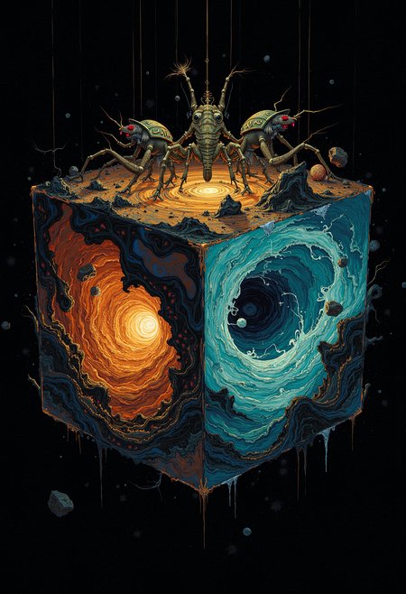 A floating cube made of pure light, with edges constantly shifting between colors, hangs suspended in a dark void. Each face of the cube displays an alternate universe, with drastically different realities: one filled with towering, mechanical insects, another a swirling vortex of liquid fire, and another a silent, endless ocean. The cube rotates slowly, casting reflections of its contents onto the surrounding darkness. The scene is bizarre and otherworldly, evoking a sense of cosmic mystery and infinite possibilities.    <lora:FLUX-daubrez-DB4RZ:0.83> DB4RZ, DB4RZ style painting, <lora:ILLUSTRATION_2_FLUX v2:0.53> <lora:Fantastic Realism - s0_8 g4:0.43> f4nt4st1c,