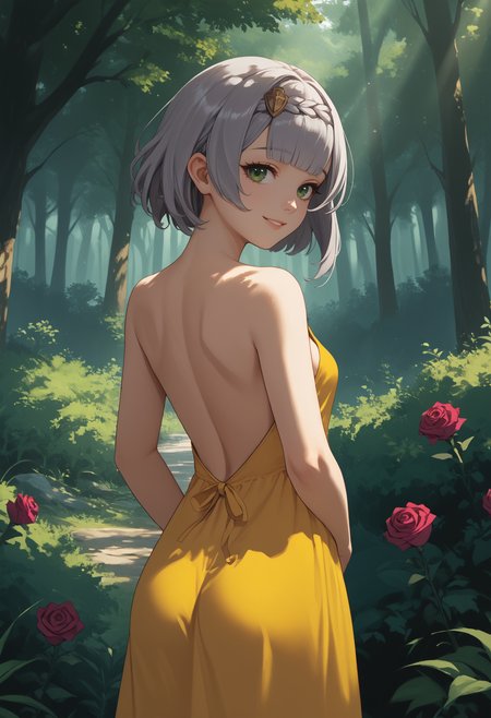 score_9, score_8_up, score_7_up, source_anime BREAK 1girl, solo, <lora:noelle-gi-richy-v1_pdxl:1> nlrnd, green eyes, grey hair, short hair, braid, blunt bangs, smile, looking at viewer, breasts, yellow sundress, from behind, ass, looking back, bare back, backless outfit, outdoors, dappled sunlight, forest, fantasy, rose bush, arms behind back