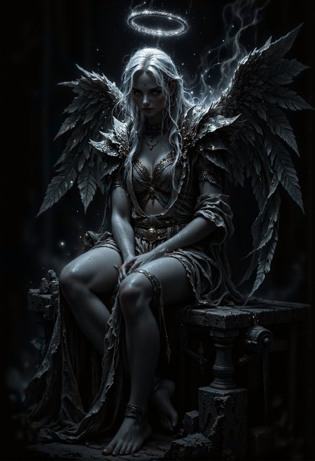 Create a hauntingly beautiful portrait of a fragile yet serene angel seated in a dark, unlit room. The atmosphere is heavy with shadows, with almost the entire scene obscured in deep blackness. The only source of light is the angelâs faintly glowing halo, casting a soft, ethereal illumination that barely outlines the angelâs delicate features and fragile form. The glow reveals faint details of flowing robes and feathered wings, but much remains hidden, emphasizing the mystery and stillness of the moment. The composition is minimalist, with the darkness dominating the frame, allowing the gentle light of the halo to create a quiet, otherworldly contrast, focusing all attention on the angel's tranquil presence. <lora:Midjourney_Dreamlike_Fantasy_FLUX_LoRA.safetensors:0.2>, <lora:flux_sparklycism.safetensors:0.5>,   <lora:fantasy-flux-v1.safetensors:1.0>,  <lora:MysticFantasy.safetensors:0.7>,  <lora:aidmaGLOW-FLUX-V0.1.safetensors:0.5>,