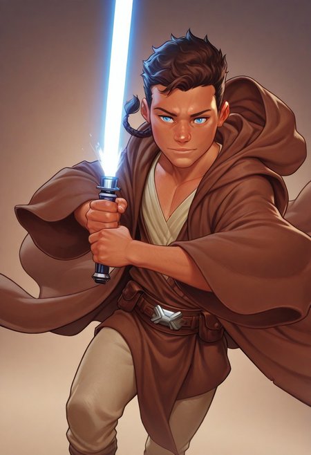 masterpiece, absurdres, high quality, perfect anatomy, 1boy, solo, cute boy, male focus, jedi robe, brown jacket, Caleb Dume, Brown Hair, Padawan Braid, Blue Eyes, Brown Robe, Brown Tunic, Tan Shirt, Belt, Tan Pants, holding a lightsaber, blue lightsaber, cinematic, intricately detailed illustration, depth of field, masterpiece, best quality, amazing quality, very aesthetic, absurdres, newest, very awa,  shadow, dynamic angle, casual cosplay, skinny, toned, dynamic pose,