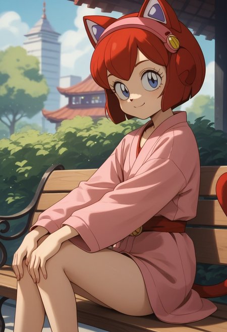 1girl, solo, Pururun, cat girl, two-tone fur, android, petite, score_9, score_8_up, score_7_up, score_6_up, score_5_up, score_4_up, (beautiful summer Park background:1,5), sitting on bench, short legs, red cat tall, looking at viewer, 3/4 side view, slightly smile, hands on knees, pink kimono