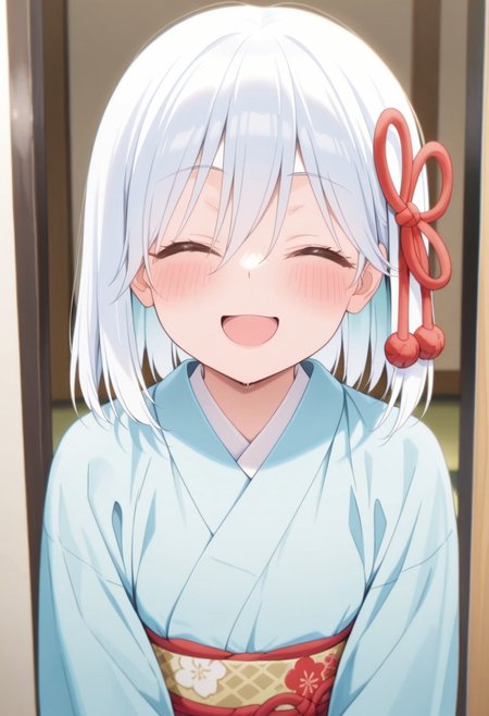 masterpiece,best quality,amazing quality, amagami asahi, blue-white hair, 1girl, solo, japanese clothes, kimono, closed eyes, sash, blush, obi, open mouth, smile, blue kimono, hair ornament, upper body