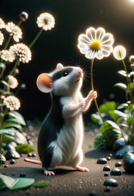 ral-fluff,<lora:ral-fluff:1>,
chibi,masterpiece,best quality,original,official art,black metallic fantasy mice,hat,flower,blurred background,rendering,beautiful detailed glow,(detailed ice),beautiful detailed water,sunny, blurred flower, happy, stand in Front of a House made off cheese