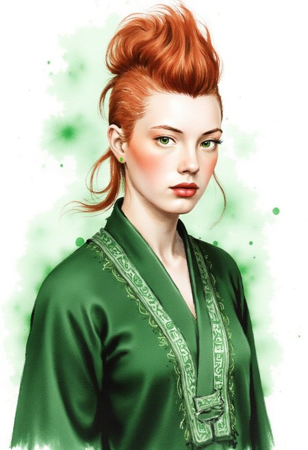 civitametapunkFLUX_Fem, 1girl,solo, light skin. 
A young female witch hyper realistic and highly  detailed with a mohawk hair and the sides of his hairstyle is short and neat, red hair.
Her eyes glow in green power.
She is wearing a green robe with magical glowing runes and details. 
The background is a white paper.
She is looking at the camera with a slightly evil face.
The lighting is dramatic, coming from a full moon in the open sky.
The is dynamic with watercolor style.
zydInk