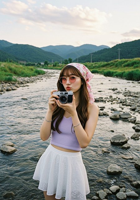 Shot on: Kodak Portra 800 film.

Model: Cute korean model with fair skin, long brown hair, wearing a stylish pastel outfit. She is holding the vintage camera at chest level, away from her face & looking directly at the lens, making a playful pout while looking at the camera.

Pose: Casual and relaxed. She holds the camera at arm’s length with elbows slightly bent, fingers gently wrapped around the camera, as if about to take a picture. Her lips are pursed, adding a playful expression.

Fashion-Specific Setting: A natural outdoor setting with a rocky riverbed, flowing water, green hills, and distant mountains in the background.

Camera Shot Type: Medium-full body shot, taken from a slightly lower angle.

Composition Technique: Rule-of-thirds positioning, with the model slightly off-center, allowing the background elements to balance the frame.

Depth of Field: Moderate (sharp focus on the model, slightly blurred background for depth).

Color Palette: Soft pastel tones with a mix of natural greens and warm golden hues in the sky. The outfit's pink, white, and floral colors complement the environment.

Lighting Style: Soft, natural daylight, possibly taken during the late afternoon or early evening. The light is diffused and warm, adding a serene mood.

Environment & Weather Conditions: A calm outdoor landscape with clear air, rolling hills, and a serene river. Some scattered clouds with a warm golden glow suggest late afternoon or early evening.

Outfit & Accessory Details: The model wears a sleeveless lilac V-neckline halter top, a shorts white flowy skirt, pink floral chiffon headscarf tied in a loose bow under Her Chin, pink cat-eye sunglasses with and a silver bracelet.

Geometric Elements: The curves of the flowing river contrast with the scattered angular rocks, and the rolling hills add depth to the image. The outfit's soft folds also create gentle geometric shapes.

Space: Well-balanced negative and positive space; the subject occupies a prominent position while the surrounding landscape provides context without overwhelming the frame.

Tone: Modern, trendy, and slightly nostalgic with a retro touch due to the vintage camera and headscarf.

Atmosphere: Playful, carefree, and travel-inspired, evoking a sense of adventure and appreciation for nature.