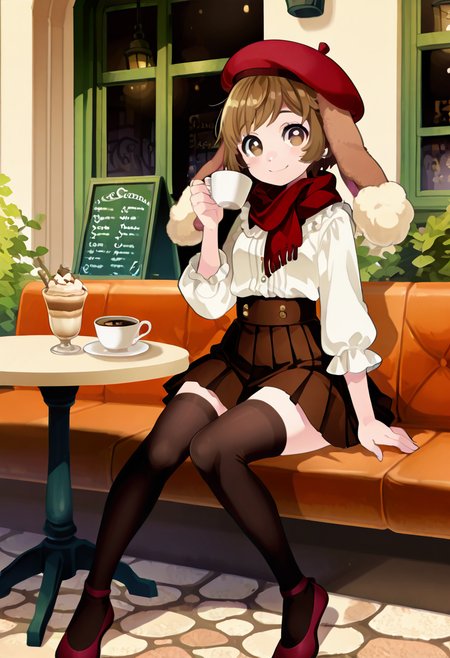 masterpiece, best quality, no humans, smile, looking at viewer, narrow waist, wide hips, sitting,    [French Chic CafÃ©], zzBuneary, brown hair, fluffy ears, round eyes, fur details, 1girl, solo, beret, elegant scarf, white blouse, pleated skirt, knee-high socks, ballet flats, cafÃ©, Parisian street, cobblestone â zzBuneary sits at an outdoor cafÃ© table, sipping espresso as a gentle breeze tousles her beret. The chic Parisian cafÃ© bustles behind her, while she exudes effortless elegance in her white blouse and pleated skirt. Her knee-high socks and ballet flats complement the soft pink glow of the early afternoon sun. She smiles softly, her fluffy ears peeking out from beneath the beret, as the cobblestone street hums with the ambiance of a quintessential Parisian afternoon.  <lora:BunearyPokedex_IXL:1.0>,  C0utur3Cr4z3, <lora:CoutureCraze_IXL:0.6>,