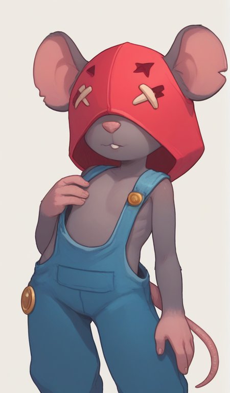 Score_9, Score_8_up, Score_7_up   <lora:bsmoe:1>,bsmoe ,mouse girl , furry female , red hood ,no visible eyes ,overalls,  flat chest , no nipples  ,  <lora:PossumMachine:1>posmach