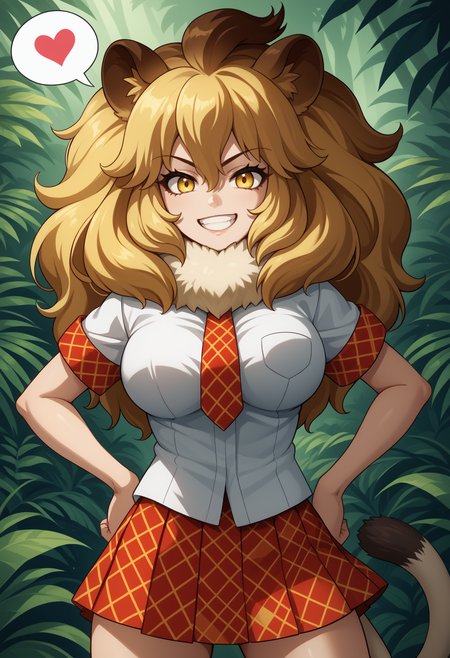 score_9, score_8_up, score_7_up, source_anime, <break> solo, 1girl, kfli0n, lion tail, grin, looking at you, standing, hands on own hips, spoken heart, long hair, multicolored hair, blonde hair, big hair, animal ears, yellow eyes, fur collar, white shirt, breast pocket, red necktie, plaid necktie, short sleeves, red skirt, plaid skirt, pleated skirt, large breasts, outdoors, jungle
<segment:yolo-face_yolov8m.pt,0.4,0.5//cid=1>