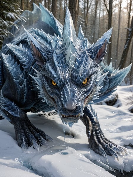 <lora:MH_Lunagaron_a1_8_PonyXL:.7>, score_9,score_8_up,score_7_up, nature photography, (Close up, extreme closeup, extreme portrait:1.5) 
, high angle shot shot , face focus,
mhlunga,solo,feral,detailed background,yellow eyes,black sclera,forest,snow,ice claws ,ice glass spikes,(made of glass:1.2),standing on hind legs
backlight, dramatic lighting, melting ice, dripping
hardlight , bloom, translucent glass, subsurface scattering, sharp hyper detailed, (shiny glass skin:1.2), (ultra-detailed scales:1.1), bright highlights, <lora:RM_Enhancer_v1.0_bf16:.1>  <lora:sdxl_glass:1> <lora:p:.2> <lora:Add_More_details_SD3:.5>
