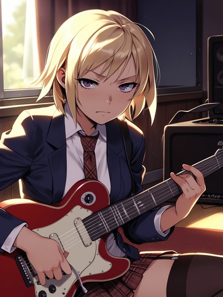 <lora:happy_tentacle-lovebeat-v0.2-000036:1>, ht_lovebeat, blonde hair, purple eyes, collared shirt, blazer, pleated skirt, plaid skirt, plaid necktie, garter straps, thighhighs, knee boots, lace-up boots, school yard, playing instrument, holding instrument, guitar, amplifier , 1girl, solo, upper body , half-closed eyes , ( flustered :1), , looking at viewer , standing , facing viewer , score_9, score_8_up, score_7_up, score_6_up, score_5_up, score_4_up