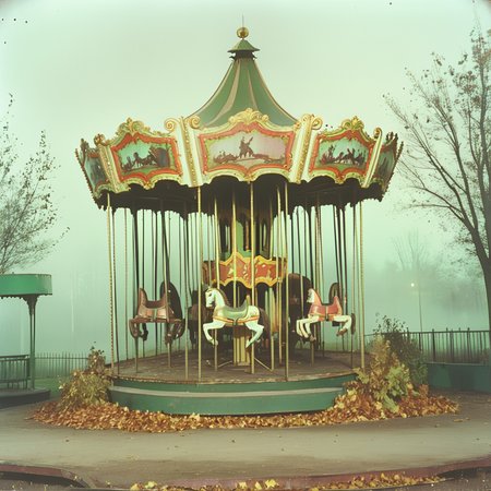 <lora:70s_Horror_MovieSDXL:1> ArsMovieStill, movie still from a 1970s horror movie, The image is of a carousel in an empty park. The carousel is made of metal and has a green roof with a gold trim. It is surrounded by trees and bushes and there is a foggy sky in the background. The ground is covered in fallen leaves and the carousel appears to be in a state of disrepair. There are several colorful horses on the sides of the carousels and a few people can be seen sitting on them. The overall mood of the image is eerie and mysterious., tree, scenery, outdoors, statue, stairs