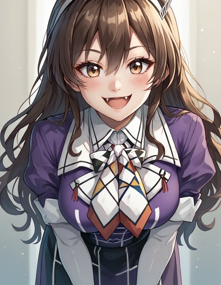 score_9, score_8_up, score_7_up,
ashigara (kancolle), altern4tec0stume,
 looking at viewer, open mouth,  smile, solo, blush, standing, portrait, fangs, absurd res,  leaning forward,  cute fangs
 <lora:ashigara:1>