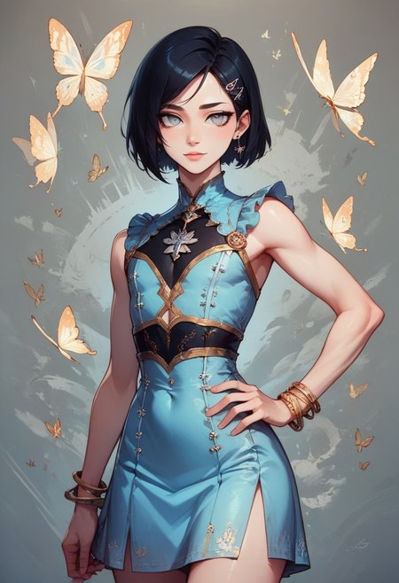 score_9, score_8_up, score_7_up, 1boy, femboy, otoko no ko, short hair, bob cut hair, black hair, grey eyes, gray eyes, feminine face, toned body, Shelly, 
lace dress, embroidered cutouts, earrings, bracelets, butterfly hairclip, 
highly detailed, intricate, zzCitronCAT, contrapposto, one hand on hip, modelshoot, geometric background