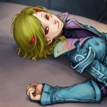 best quality, masterpiece, netsu, blonde hair, short hair, hair ornament, hairclip, jacket, lying down, looking at viewer, smile