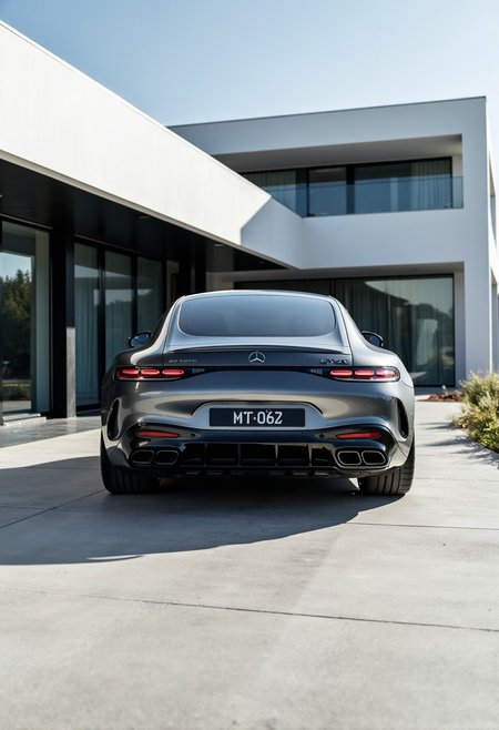 A high-resolution shot of the AMG GT 63 parked in front of a minimalist modern house with large glass windows. The polished, futuristic architecture mirrors the carâs sleek and modern design. The car is perfectly centered in the frame, showing off its luxury and status in an elite, contemporary setting. Rear view with slightly side view, professional car ad.