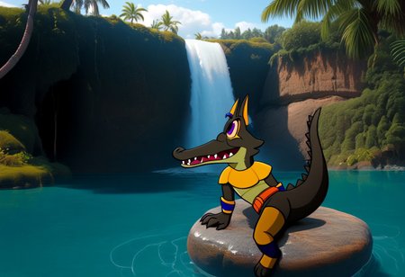 Tick tock crocodile,male animal focus,tail, crocodile open large mouth ,green skin, blue eyes, Tick Tock the crocodile is giant and very huge size,teeth, swimming in water,partially submerged,Tick Tock the crocodile looking at a Patrak from pacman who she is sitting on rock cliff. Reinforcement Tags: forehead mark, egyptian, tail, animal ears, purple eyes, black fur, furry, furry female, body fur, makeup, animal nose, black skin
For her Outfit : toeless legwear, yellow legwear, thighhighs, vambraces, belt, orange belt, multicolored belt, short dress, yellow dress, jewelry, earrings,open mouth,river,palm trees, jungle,temple, waterfall