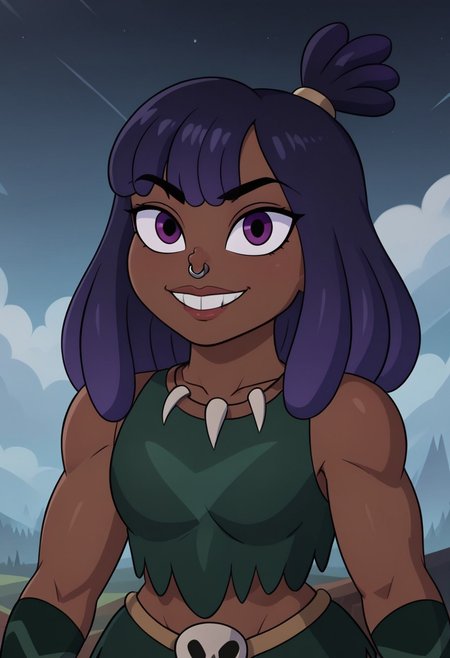 ((bedroom background)),score_9, score_8_up, score_7_up,score_6_up, 
1girl, Solo, Brunzetta_Svtfoe, dark brown skin, dark blue hair, dreadlocks hair with top knot, purple eyes, silver nose ring, big eyes, muscular build, defined arms, defined abs, necklace animal teeth, dark green sleeveless tunic, dark green loincloth, skull-shaped buckle, dark green armbands, dark green legbands, barefoot, tall stature, social smile, sexy face, close-up, face photo, perfect eyes, perfect smile, looking at the viewer, big breasts, detailed eyes, perfect eyes, perfect teeths