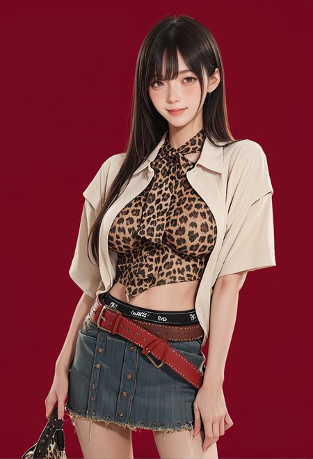 1girl,red background,,ruanyi00001,leopard print,belt,denim skirt,<lora:00001 Home wear 31_v1_pony:1>, score_9, score_8_up, score_7_up, score_6_up, score_9, score_8_up, score_7_up, score_6_up source_anime, blush, 1girl, seduce smile, perfect body , natural huge breasts