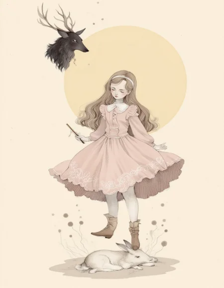 <lora:choffi:1>,This is a digital drawing in a soft, pastel color palette with a whimsical, fairy-tale aesthetic. The central figure is a young girl with long, wavy brown hair adorned with a white headband. She wears a large, pink dress with intricate lace patterns and a high collar, complete with puffed sleeves and a frilly hem. Her shoes are brown, lace-up boots. She stands on a beige, textured background, and her expression is calm and focused.
In front of her, on the ground, lies a white rabbit with long ears and a gentle demeanor. The rabbit's eyes are closed, and it appears to be sleeping. The girl is holding a magic wand, which she is using to cast a spell. Surrounding her are several small, dark, smoky orbs, indicating the magic she is casting. 
To the left of the girl, there is a large, dark silhouette of a deer with antlers, floating in the air. The deer's expression is somewhat mysterious, and it seems to be watching the girl intently. The background features a large, pale yellow circle that acts as a sun or moon, casting a soft glow over the scene. The overall style is reminiscent of vintage children's illustrations, with delicate lines and soft shading