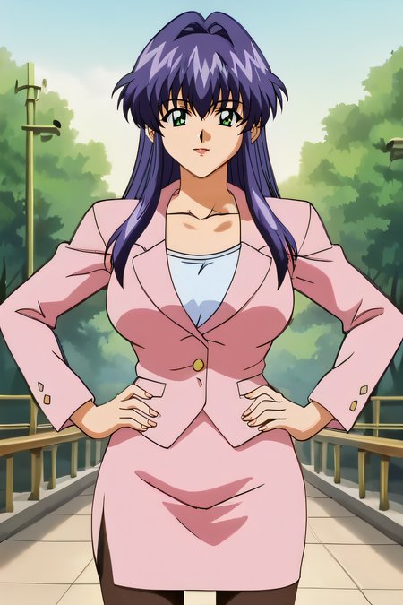 score_9, score_8_up, score_7_up, source_anime, rating_safe, intricate details, anime screencap, official style, 1girl, solo, retro eyes, <lora:Serizawa_Hiroko:1>, serizawahiroko, detailed lips, large breasts, purple hair, long hair, green eyes, pink blazer, long sleeves, collarbone, pink skirt, pencil skirt, black pantyhose, standing, outdoor, looking at viewer, smile, cowboy shot, closed mouth, hands on hips, five fingers