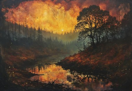 a valley of decaying trees, haunting twilight, gloom and doom, death and decay, autumn vibes, tiny pond in the center, view from above, Volumetric lighting, Dreamyvibes Artstyle