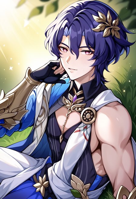 cinematic film still score_9, score_8_up, score_7_up, score_6_up, score_5_up, score_4_up, <lora:intricate_details:0.5> intricate_details_xl, cowboy shot, profile picture,
BREAK
<lora:Honkai_Impact_Dr_Ratio_v1:1> 1boy, solo, Dr. Veritas Ratio, Dr. Ratio, honkai: star rail, yellow pupils, solo, 1boy, male focus, gloves, short hair, pectoral cleavage, blue hair, pectorals, hair between eyes, looking at viewer, shirt, pink eyes, yellow background, gradient background, abstract background,  (skinny:0.3), sitting, grass,  . shallow depth of field, vignette, highly detailed, high budget, bokeh, cinemascope, moody, epic, gorgeous, film grain, grainy