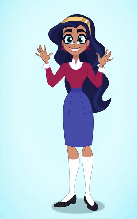 ((score_9)), score_8_up, ((high quality)), ((masterpiece)) BREAK
  DCSG Style, DianaP, DianaP Normal, Dark Skin, Earrings, hairband, kneehighs, long sleeves, black hair, looking at viewer, smiling, good anatomy, five fingered hands, school background, hands up, waving<lora:DC_Superhero_Girls_2019:0.8>,<lora:pony_good_hands:0.8>