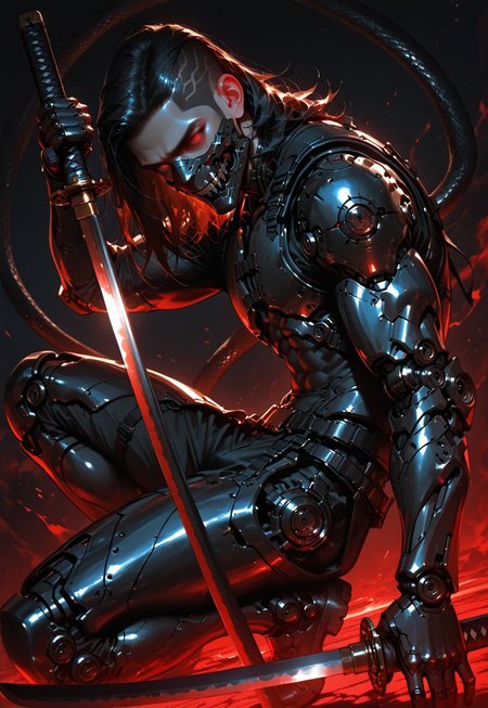 score_9, score_8_up, score_7_up, masterpiece, best quality, high quality, newest, highres, 8K, HDR, absurdres, modern, newest, realistic, ((low-key, dark shot)), male focus, red, deep blue, 1man, cyborg, bent one knee, adult, thin, cute, sweet, looking at viewer, holding katana, fighter, fighter pose, masculine, (black hair, sidecut hair, medium hair), metallic jaws, metallic ears, red eyes, glowing eyes in the dark, metallic neck, metallic body, metallic abs, metallic chest, metallic arms, metallic legs, metallic hips, metallic hands, metallic mouth mask, katana, katana blade, black metal, beautiful scaled metallic gear, large black snakes around him, tied with snakes, black background, dark background, realistic skin, dynamic angle from side, dynamic angle from below, dynamic pose, dynamic lighting, intricate, a lot of details, urban, soft, neon