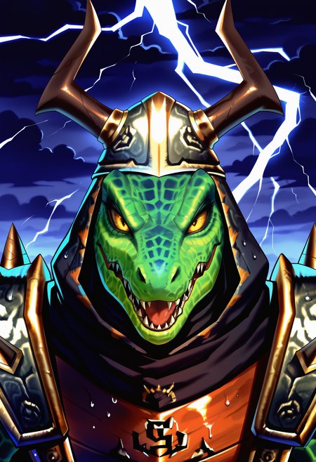 best quality, newest, absurdres, highres, (masterwork, masterpiece, best quality, hyper-detailed :1.3), 

1boy, solo,

sc4l3s, reptile boy, helmet, armor, claw(weapon), close up, evil smile,

background, rainy, lightning, clouds, 