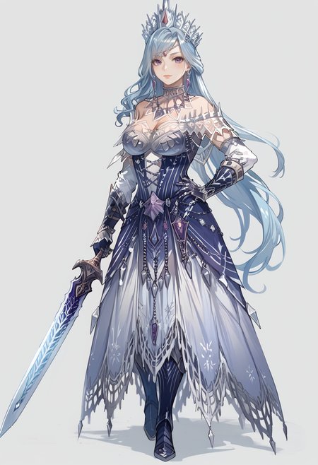 (score_9:0.9),score_8_up,score_7_up,rating_safe,anime style,(zPDXL),<lora:velkhana beta armor ponyXL v1.2:0.8>,velkhana armor,1girl,solo,large breasts,white background,simple background,blue hair,full body,looking at viewer,long hair,silver crown,purple eyes,blue gloves,blue long dress,blue thigh boots,standing,huge blue sword,hand on own hip,holding weapon,