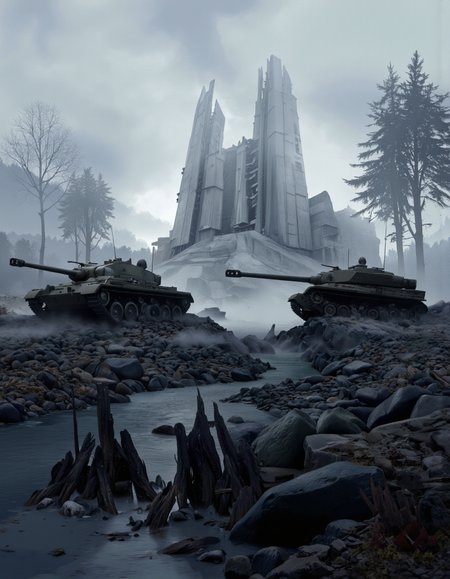 Art by Zhang Jing. A digital illustration shoot from a far camera angle about a post-apocalyptic scene featuring destroyed military vehicles amidst a desolate landscape. the scene is set in a foggy, misty environment with a large, futuristic building in the background, partially collapsed and surrounded by trees. in the foreground, there are several damaged armored vehicles, including a large tank on the left and a smaller one on the right, positioned in the middle of the image. the vehicles appear to be in a state of disrepair, with jagged rocks and debris scattered around, and a stream running through the scene. the overall atmosphere is eerie and desolate, with a sense of war and destruction. the lighting is dim, casting a soft glow on the scene, and the overall color palette is muted, with shades of blue, gray, and black.