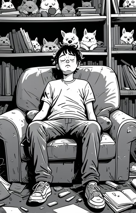masterpiece,best quality,<lora:tbh373-sdxl:0.6>,illustration,style of exhausted people ,greyscale and white,comic animals