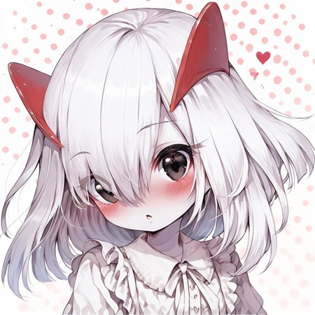 score_9, score_8_up, score_7_up, 1girl, solo, 
kirlia \(pokemon\), shiny kirlia, black eyes, white skin, (white hair:1.2), :o, parted lips, blush, looking at viewer, upper body, hearts, polka dot background,  white blouse, frills, cute dress.