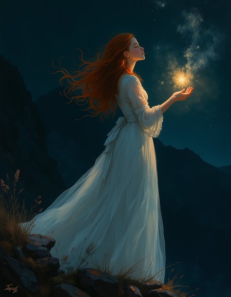 masterpiece, high quality, Oil Painting, An ethereal young teen girl stands confidently on the very edge of a cliff. Her silhouette is striking against the night sky, embodying grace and strength. Over the shoulder look. She wears a flowing gown that billows gently in the wind, creating a sense of movement. She has long flowing hair red and pale white skin. The dress is tightly corseted, hooped, and bustled.
In her outstretched hand, she holds a radiant star. The star emits a soft, magical glow, illuminating her face and casting a warm light on her surroundings. The light from the star contrasts beautifully with the darker tones of the night.
The image conveys a sense of wonder and serenity. The woman's pose and expression might reflect a feeling of triumph, peace, or contemplation. The overall mood could be one of mysticism, as if she's captured a piece of the heavens.
She is beautiful and looks like a fashion model. Masterful painting, oil on canvas, Focus on the girl, shadow and light, Masterpiece, intricate lines, intriguing atmosphere, sharp magnificent details, delicate features, novuschroma, elaborate details, (2\3 rule composition:0.5), ultra detailed, romantic, Rembrandt lighting, brush stroke, lovely, del1cate_balance style, in the style of Rembrandt. vantablack <lora:style_of_Rembrandt_FLUX_135:.8> <lora:- Flux1 - vanta_black_V2.0:.6> <lora:Delicate_Balance:.3> <lora:neeeg_f1:-1> <lora:113_novuschromaFLX_1:.2> <lora:Midjourney_Whisper_Minimal:.3>